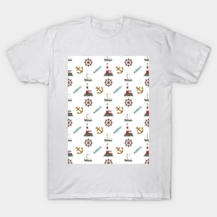 Sailing Illustrative Pattern Color on White T-Shirt